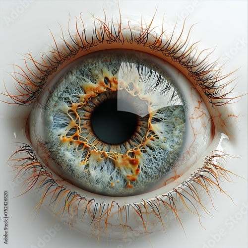 an eyeball with a golden tint, in the style of dark white and orange, 3d, light green, realistic figures, white background, light gray and brown, rounded. Generative AI