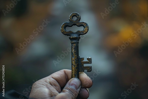 Hand holding a vintage key, blur solid mysterious background for themes of discovery.