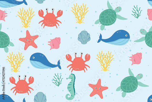 Colorful seamless pattern with sea animals. Trendy cartoon pattern of seashells for wrapping paper, wallpaper, stickers, notebook cover.