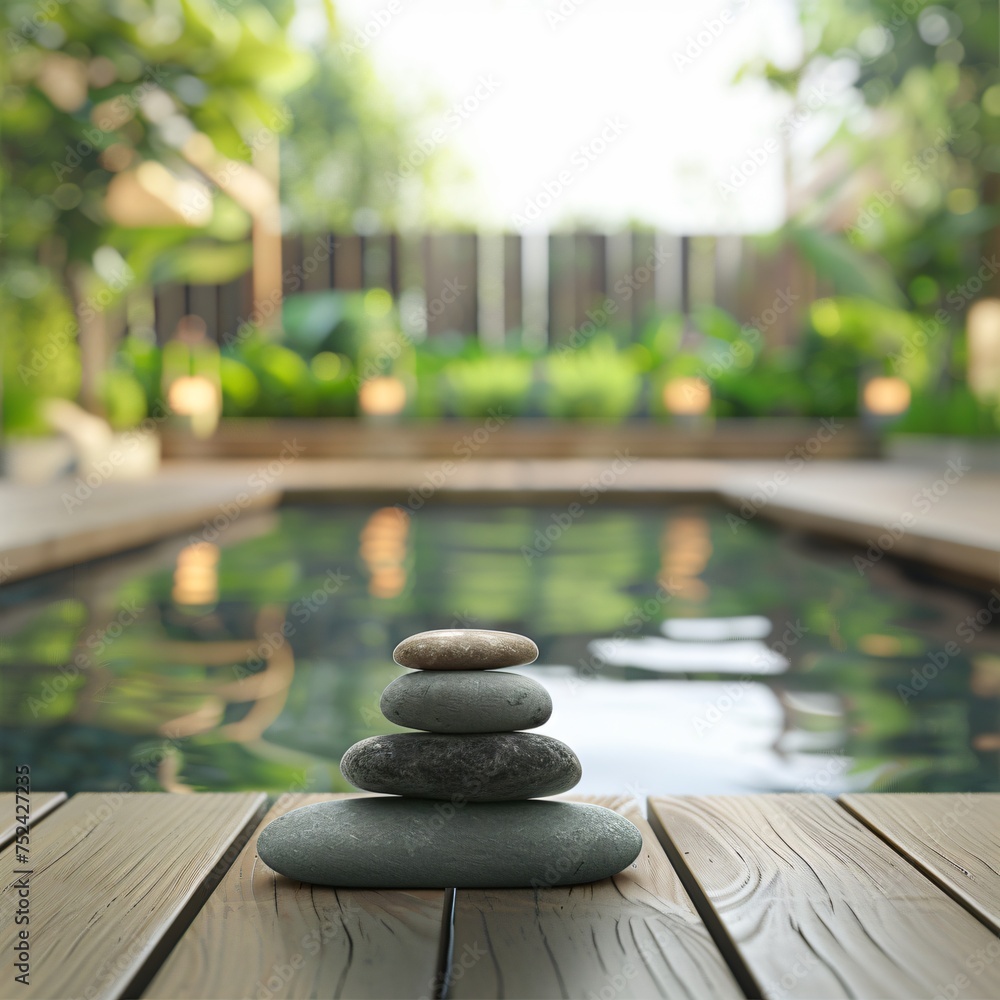 Zen inspired product display with a blurred tranquil koi pond background perfect for spa and wellness items