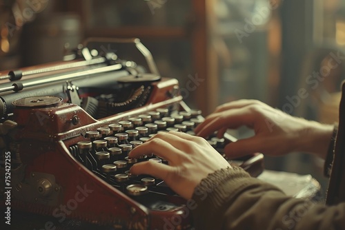 Hand typing on a vintage typewriter evokes nostalgia against a sepia toned blurred background. photo