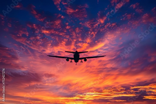 Airplane silhouette against a stunning sunset sky Embodying the freedom and adventure of travel