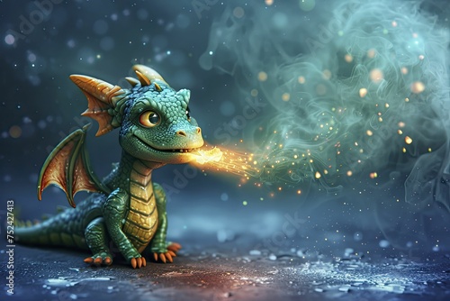 A whimsical 3D dragon breathes a small flame against a midnight blue backdrop  with dreams of becoming larger.