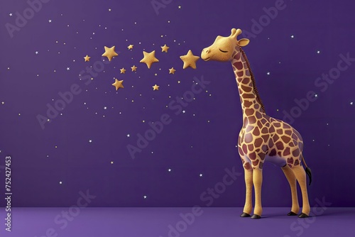 Playful 3D giraffe reaching for stars on a deep purple background  dreaming big