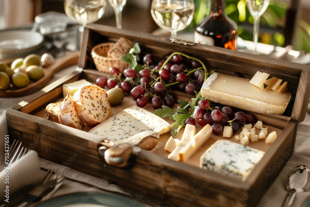 Cheese platter with different cheeses, grapes, nuts, honey, bread and dates in wooden craft box on dining table setting. Cheese platter with different cheeses, grapes, nuts, honey, bread and dates in wooden craft box on dining table setting.