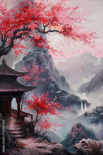 Cherry Blossom Elegance: Traditional Canvas Painting Depicting Japanese Sakura Trees, Evoking the Splendor of Nature, Landscape, and Torii Gate