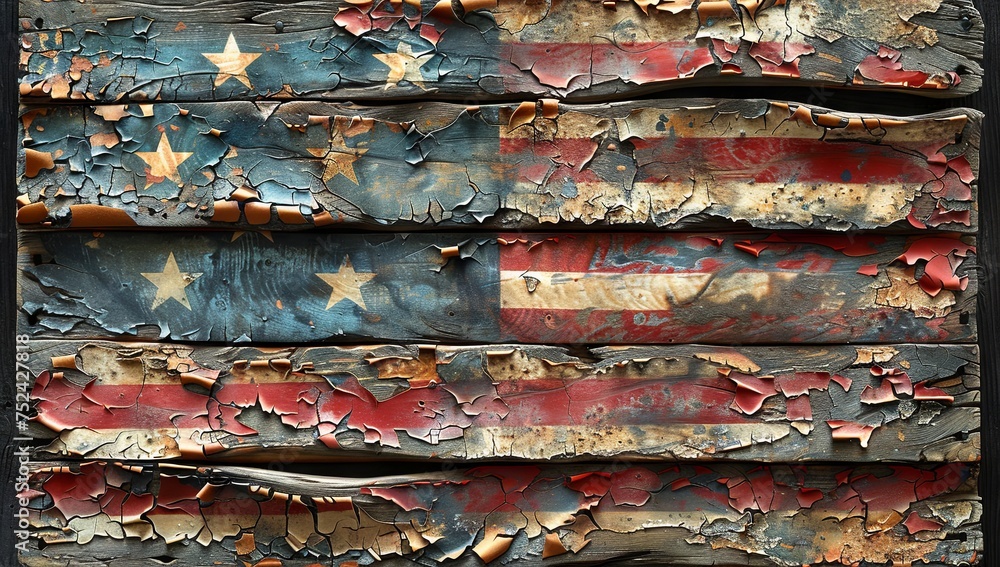 american flag on wooden fence, in the style of darktable processing, crumpled, photo-realistic still life, poster. Generative AI american flag on wooden fence, in the style of darktable processing, crumpled, photo-realistic still life, poster. Generative AI