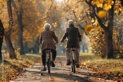 Elderly couple on a bike ride through a picturesque park Celebrating active lifestyles and enduring companionship in later life photo