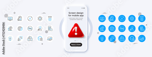 Winner ribbon, Candlestick chart and Report line icons. Phone mockup with 3d danger icon. Pack of Ð¡ompetition, Creative idea, Yen money icon. Video conference, Atom core, Inspect pictogram. Vector