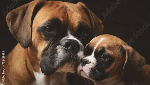 Boxer dog mother nuzzling her puppy baby dog cute portrait © oxinoxi