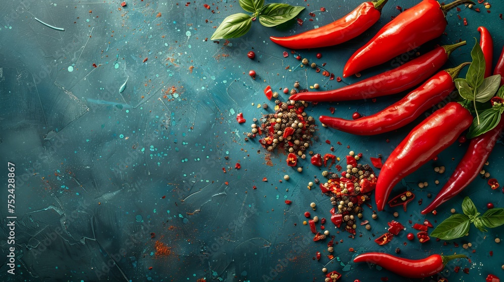 Top view of vibrant red chili peppers with fresh basil leaves and peppercorns - obrazy, fototapety, plakaty 