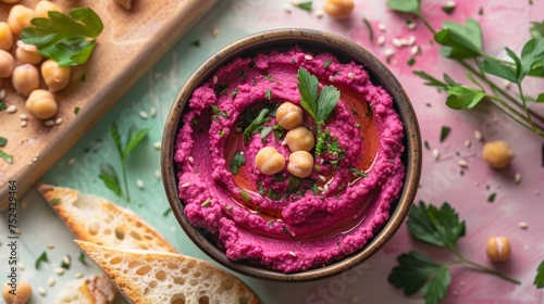 Bright beetroot hummus garnished with chickpeas and herbs, top view on a decorated table