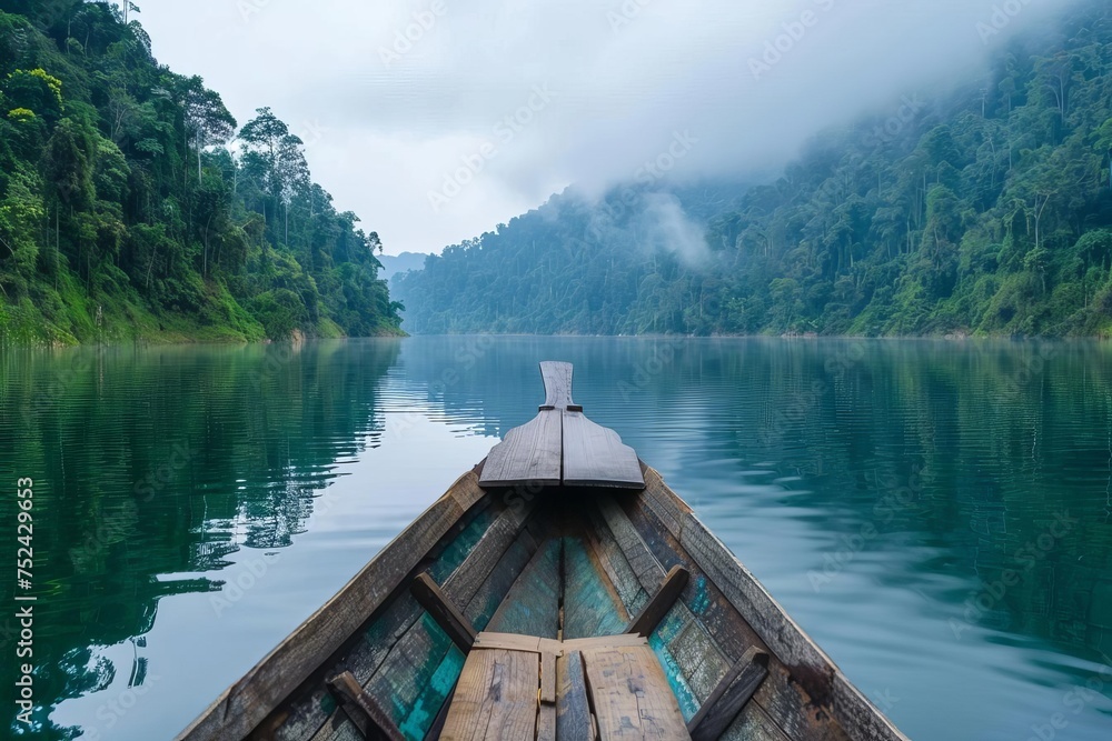 Obraz premium Peaceful boat journey on a serene lake Surrounded by nature and tranquility