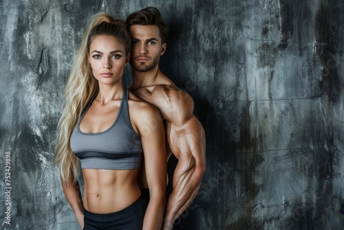 A fit athletic couple on a dark background . The concept of fitness. Healthy lifestyle © Александр Лобач