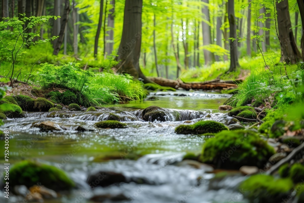 Stream in a vibrant spring forest With crystal-clear water flowing amongst freshly sprouted greenery Symbolizing renewal and the rejuvenation of nature Stream in a vibrant spring forest With crystal-clear water flowing amongst freshly sprouted greenery Symbolizing renewal and the rejuvenation of nature