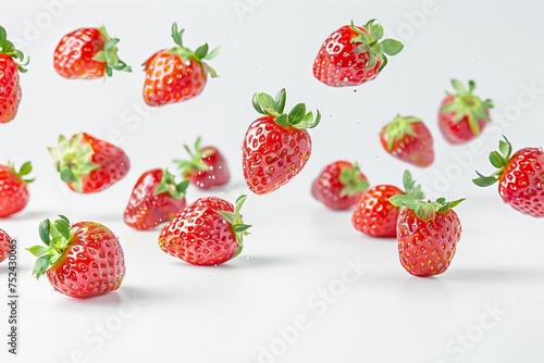 Strawberries falling against a pristine white backdrop Capturing the essence of freshness and natural goodness