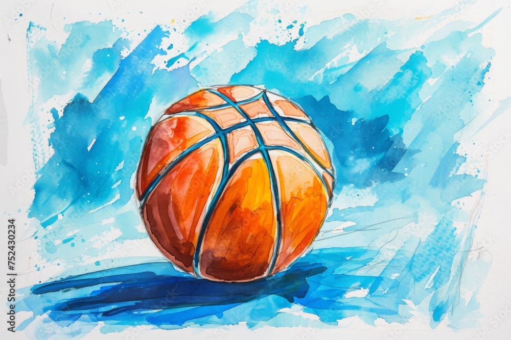 Artist's impression of a basketball in vibrant watercolor colors with an emphasis on blue tones background.