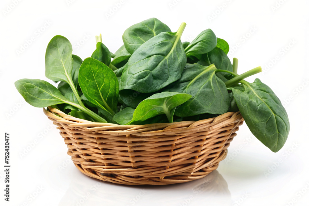fresh spinach in a basket isolated on white background