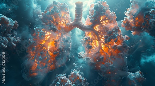 an image of an opened lungs, in the style of photo-realistic hyperbole, sky-blue, high-angle. Generative AI