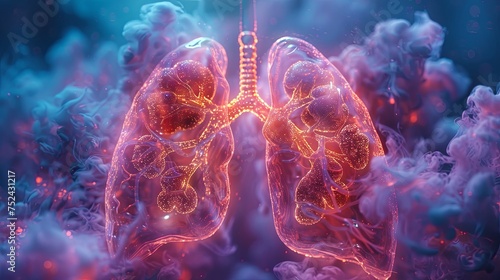 image of lungs in 3d with the heart and kidneys highlighted, in the style of photo-realistic still life, sky-blue. Generative AI