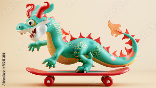 Colorful 3D cartoon whimsical dragon skateboarding