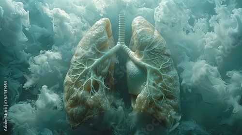 lung with a white tainted air sac, in the style of realistic, light sky-blue, undefined anatomy, photo-realistic, dignified poses. generative AI photo