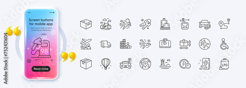 Place, Passenger and Office box line icons for web app. Phone mockup gradient screen. Pack of Pin, Parcel, Parking time pictogram icons. Buy car, Search flight, Truck delivery signs. Vector