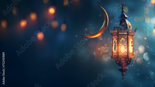 ramadan islamic greeting card of crescent moon decoration and lanterns with copy space area banner photo