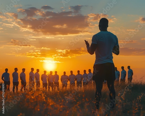 Coach Inspiring a Team with a Motivational Sunset Silhouette of a Man Standing Outdoors in Nature, Arms Raised in Victory and Happiness, Embracing Success and Freedom photo