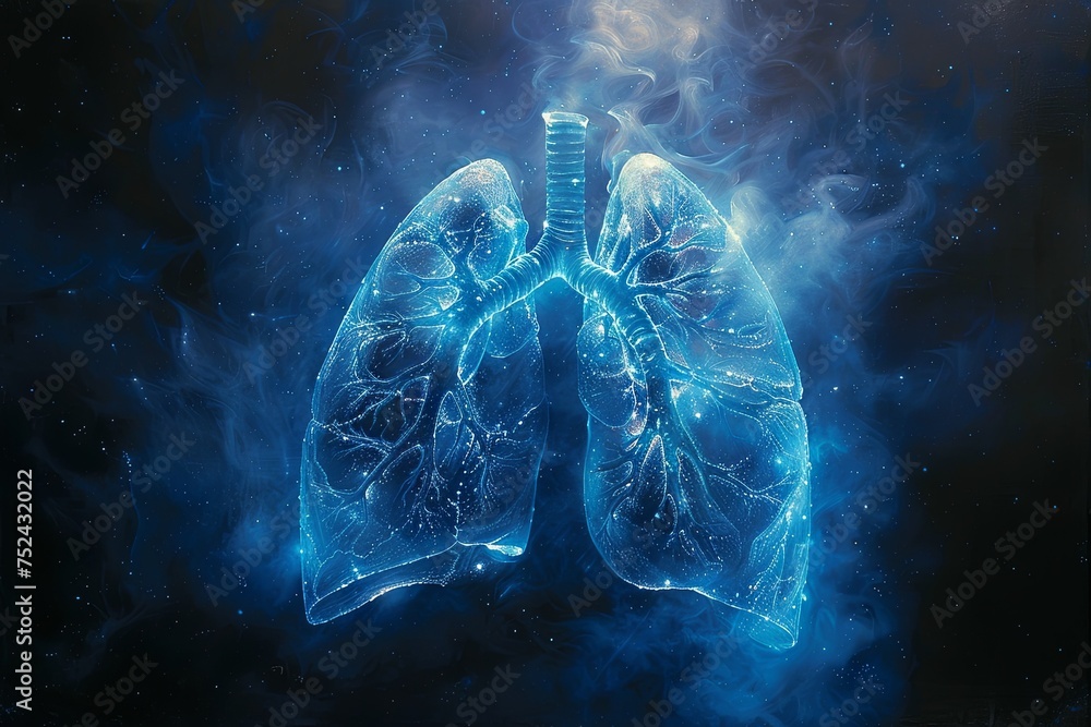 the lungs in blue light, in the style of black background, photorealistic pastiche, detailed anatomy, light emerald and sky-blue. Generative AI - obrazy, fototapety, plakaty 