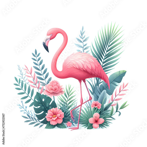 Pink Flamingo bird with tropical plants and flowers © G3D Studio