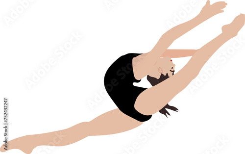 A vector illustration depicts a gymnast performing a split jump against a white background. The illustration captures the dynamic movement with elegance and grace, showcasing the gymnast's flexibility