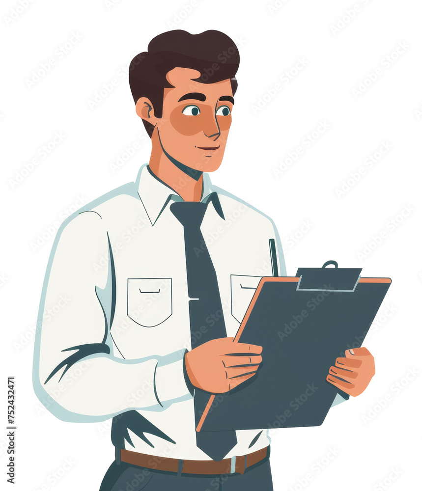 Professional man with clipboard in white shirt and tie on transparent background - stock png. Professional man with clipboard in white shirt and tie on transparent background - stock png.