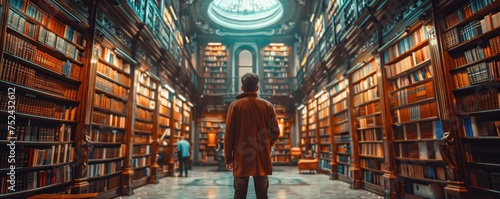 Librarian Curating Stories in a Magical Ancient Library: Amidst the Towering Bookcases and Timeless Architecture of an Enchanting Library