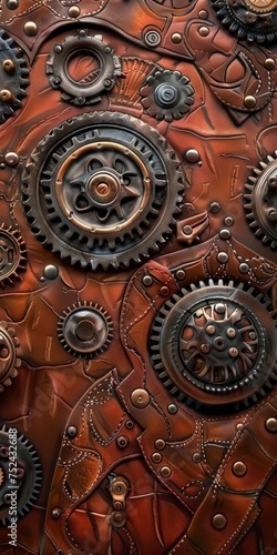 Background Texture Pattern in the Style of Steampunk Leatherwork - Leather textures with steampunk gears and mechanical motifs created with Generative AI Technology