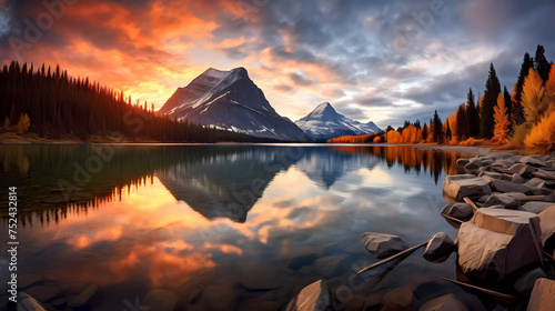 Capture the tranquil beauty of a serene lake surrounded by majestic mountains at sunrise