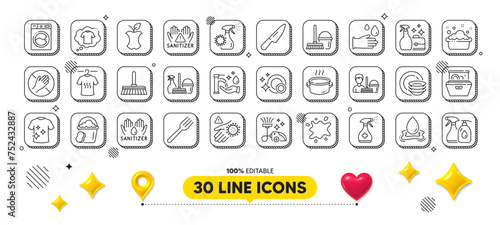 Organic waste, Dont touch and Bucket with mop line icons pack. 3d design elements. Cleanser spray, Sponge, Coronavirus spray web icon. T-shirt, Cleaning liquids, Dishes pictogram. Vector