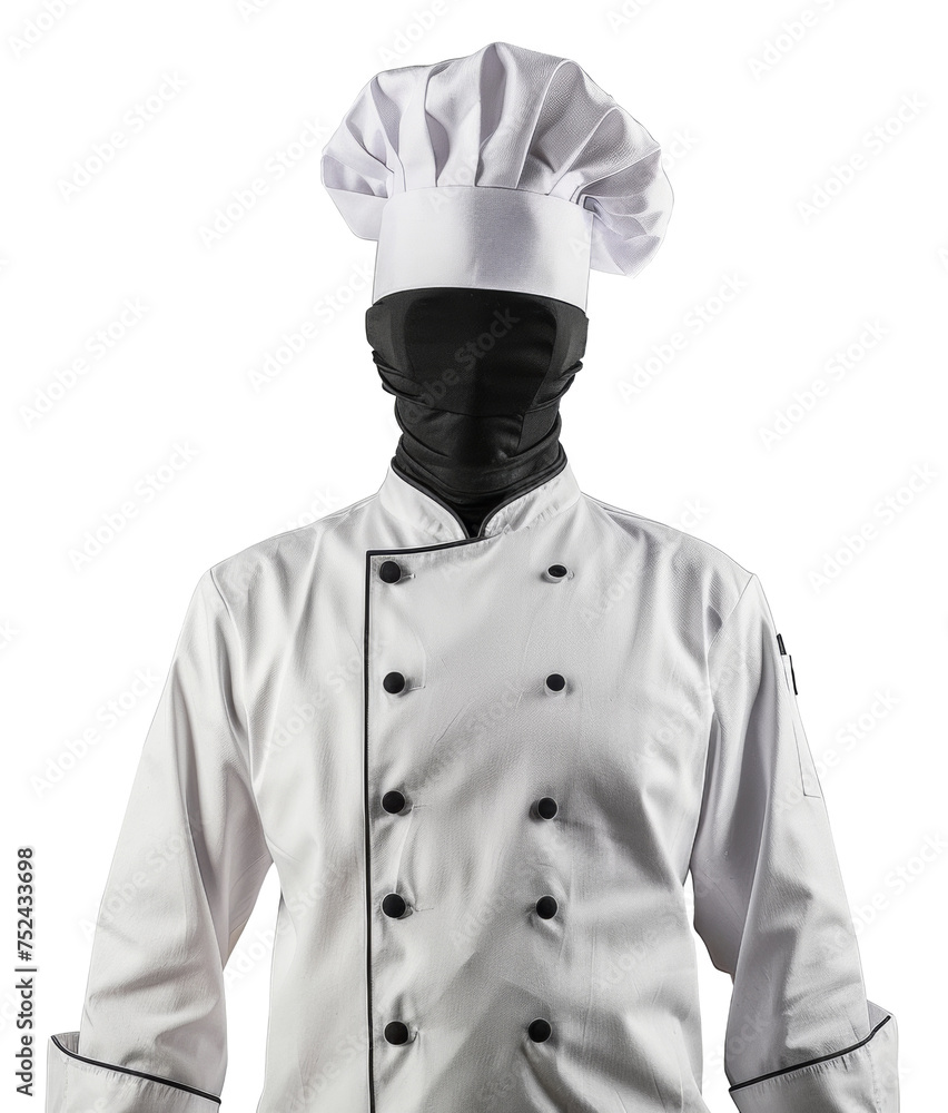 Chef's white uniform with hat on transparent background - stock png. Chef's white uniform with hat on transparent background - stock png.