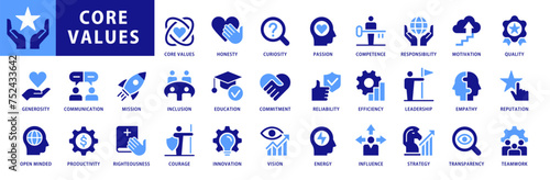 Core Values icons Set. With concepts like Communication, Generosity, Responsibility, Quality, Reputation, Competence, Curiosity, Teamwork, Honesty. Vector Flat Style Dual color collection of icons © FourLeafLover