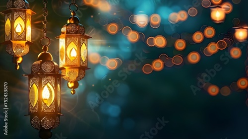 ramadan islamic greeting card of crescent moon decoration and lanterns with copy space area banner