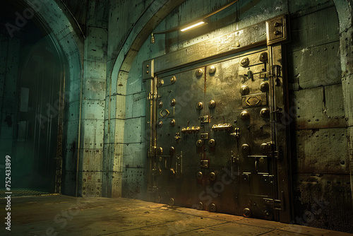 A hidden vault within the bunker, guarded by a massive vault covered in intricate locking mechanisms.