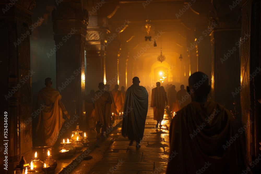 A ceremonial procession, with priests bearing sacred artifacts through the dimly lit corridors of an ancient temple. A ceremonial procession, with priests bearing sacred artifacts through the dimly lit corridors of an ancient temple.