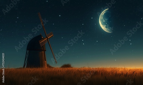 a windmill in a field at night