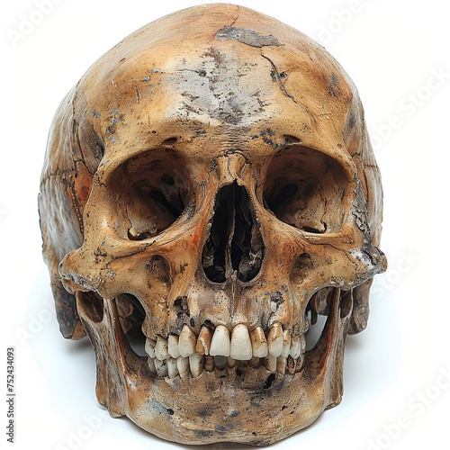 human skull, in the style of photographically detailed portraitures, frontal perspective, white background. Generative AI photo