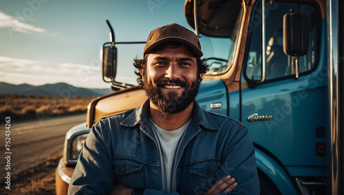 Young male truck driver standing in front of his truck, arms crossed, smiling at the camera, bearded man, wearing a hat

