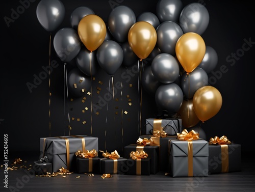 a group of black and gold balloons