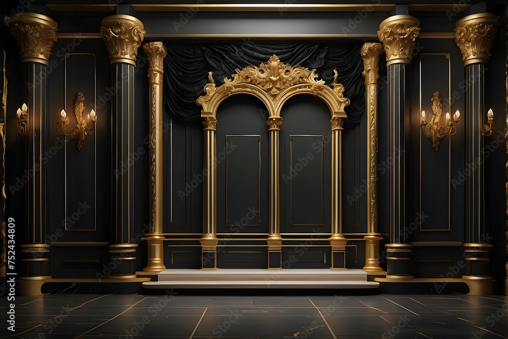 This mock-up featuring a black wall design, gold details, and columns provides a lavish background design for upscale designs