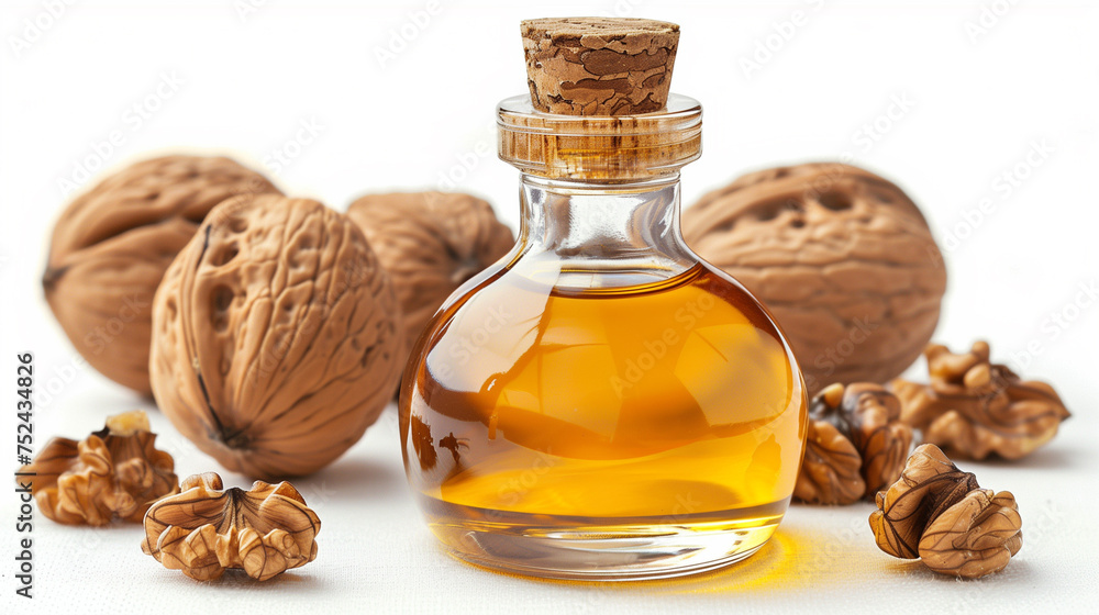Glass Bottle of Walnut Oil with Nuts - Healthy Cooking and Wellness Concept. Glass Bottle of Walnut Oil with Nuts - Healthy Cooking and Wellness Concept.