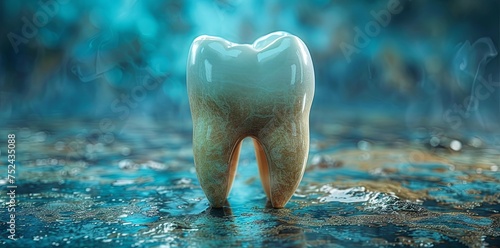 a tooth is on a blue background, in the style of vray tracing, contemporary ceramics, photo-realistic hyperbole, white and aquamarine. Generative AI