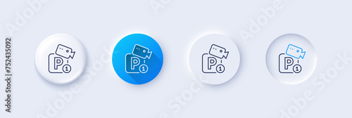 Parking with video monitoring line icon. Neumorphic, Blue gradient, 3d pin buttons. Car park sign. Transport place symbol. Line icons. Neumorphic buttons with outline signs. Vector